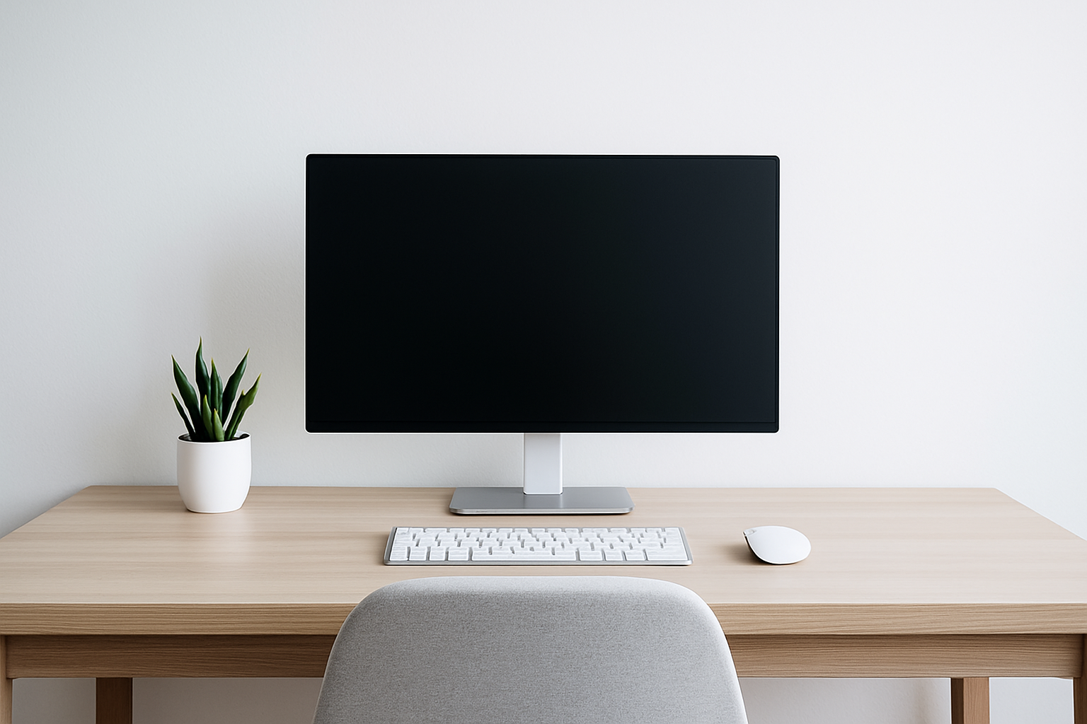 Minimal home office desk with monitor and chair