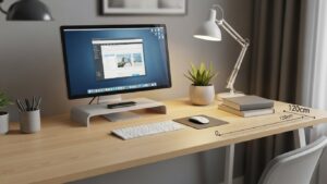 Desk width guide home office showing balanced 120cm desk setup