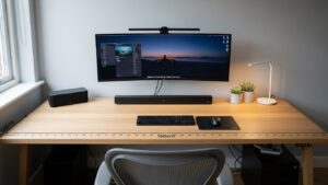 Desk width guide home office showing wide 160cm desk setup