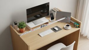 Desk width guide home office showing compact 80cm desk setup