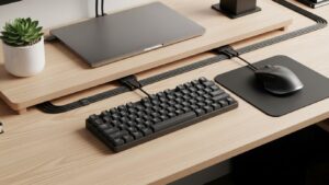 Clean small desk surface with organized keyboard and mouse cables