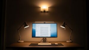 Correct lighting placement around desk to prevent glare