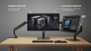 Dual monitor setup guide showing primary monitor centered and secondary angled inward