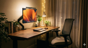 Home office workstation with correct monitor and desk height alignment