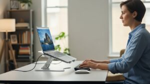 Laptop stand height aligned to eye level