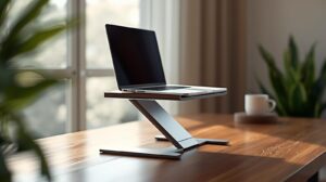 Laptop stand height example for eye-level alignment