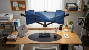 Productivity desk layout showing reach zones