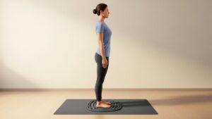 Realistic illustration of proper standing posture on an anti-fatigue mat, feet shoulder-width apart, neutral spine, light warm color palette, soft shadows, no text