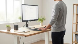 Standing workstation setup with correct monitor height and ergonomic posture