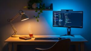 Blue light warm light home office setup with cool lighting