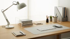 Desk clutter reduction system showing clear desk zones