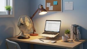 Desk fan home office setup in a small workspace