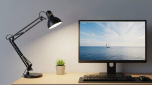 Desk lamp placement to reduce monitor glare