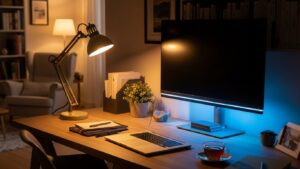 Blue light warm light home office desk lamp placement
