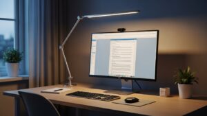 Proper desk light direction reducing screen glare and reflections