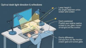 Desk and lamp placement guide for controlling light direction and reflections