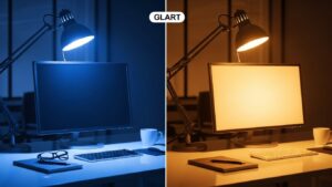 Blue light vs warm light desk lighting glare comparison