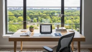 Desk placed perpendicular to a window for balanced daylight and reduced glare