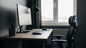Desk placed sideways to a window to reduce glare on the monitor