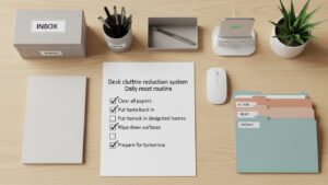 Desk clutter reduction system daily reset routine