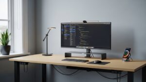 Desk layout minimizing visual distractions