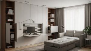 Dual use room home office hidden storage and fold-away solutions