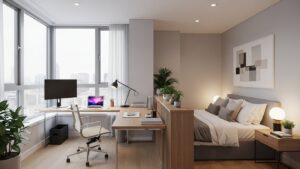 dual use room office bedroom zoning with desk and bed separation