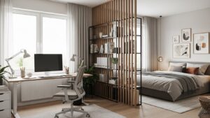 Dual use room home office zoning with desk and bed separation