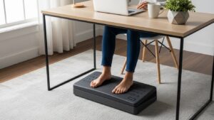 ergonomic footrest under desk with feet flat, neutral sitting posture, modern home office, realistic photography