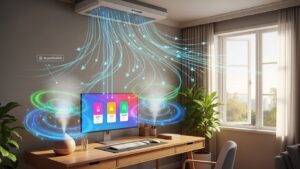 Home office scent and air quality optimization showing airflow and ventilation