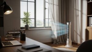 Improving airflow in a home office using a fan while ventilating with an open window