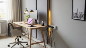 Home office desk placed slightly away from a shared apartment wall to reduce transmitted noise