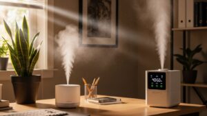 Home office scent and air quality optimization showing ideal humidity range