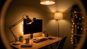 Comfortable work from home corner lighting layers