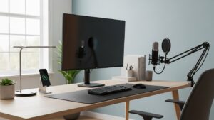 Home office desk setup with an external microphone on a boom arm positioned close to the speaker for clear calls