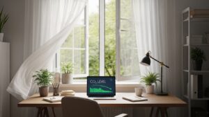 Home office ventilation by briefly opening windows to reduce CO2 levels and refresh indoor air