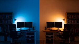 Blue light warm light home office hybrid lighting setup