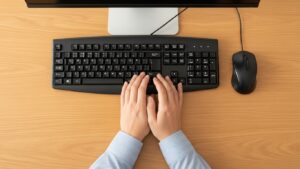keyboard and mouse positioning with neutral straight wrist alignment at desk