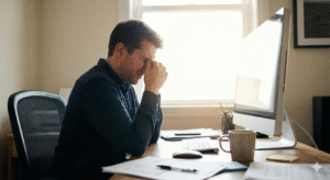 Monitor glare caused by poor desk placement and window reflection that increases eye strain