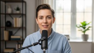 orrect microphone placement distance from mouth for video calls, professional home office, realistic photography