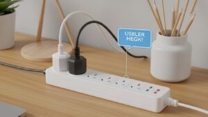 Surge protector power strip desk setup showing outlet spacing and USB-C ports