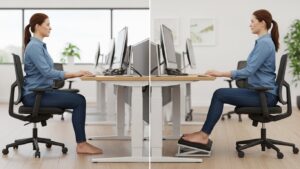 side view comparison of sitting posture with and without footrest, spine alignment visible, realistic office environment