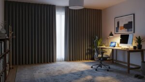 apartment home office with rug and thick curtains reducing noise, realistic interior photography