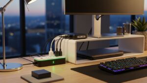 Surge protector power strip desk setup indicator light
