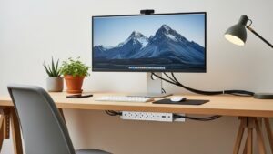 Surge protector power strip desk setup mounted under desk