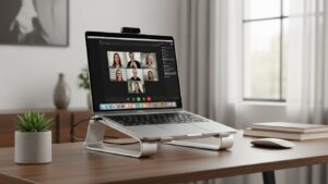 Laptop raised on a stand so the webcam lens sits at eye level for professional video meetings