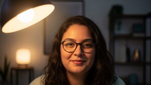 Soft front lighting setup for video meetings using a lamp positioned slightly above eye level