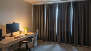 Soundproof home office on a budget using heavy curtains