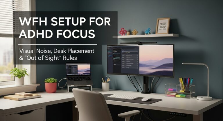 WFH setup for ADHD focus Visual noise, desk placement, and “out of sight” rules