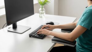 Ideal armrest setup showing elbow angle around 90 to 110 degrees with forearms lightly supported and wrists staying neutral during typing